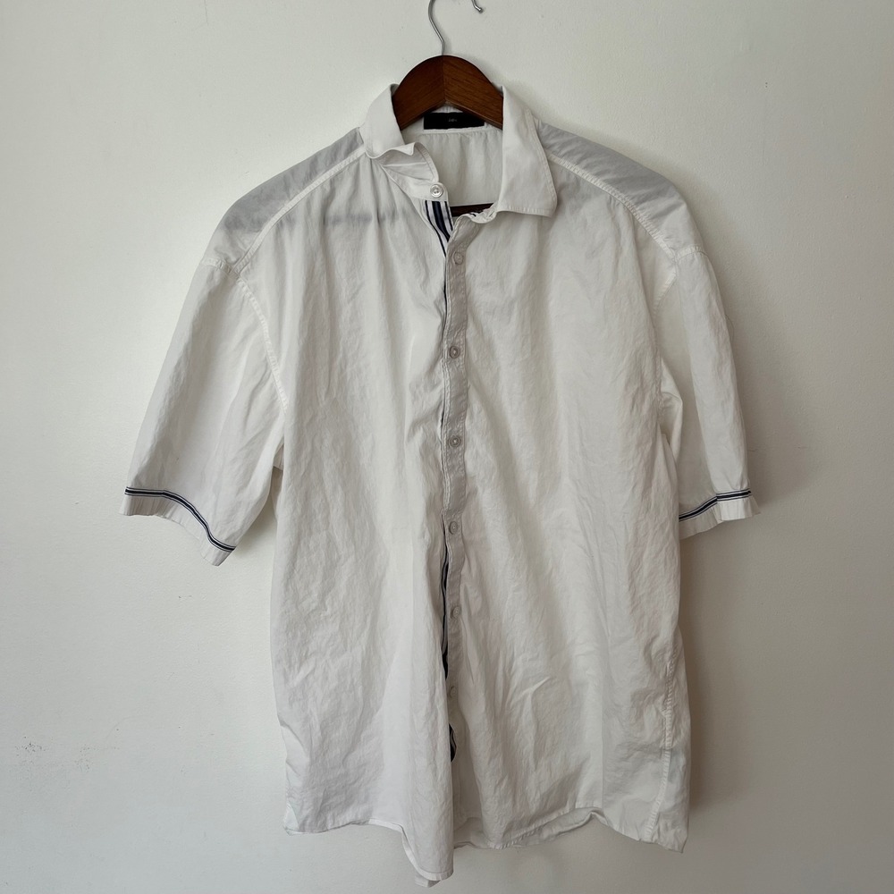 Z Zegna Mens White Cotton Short Sleeve Button Down Shirt XL Striped Trim Luxury